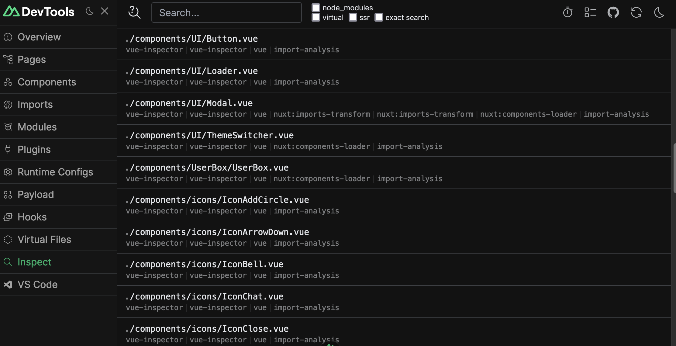 Nuxt devtools inspect screen