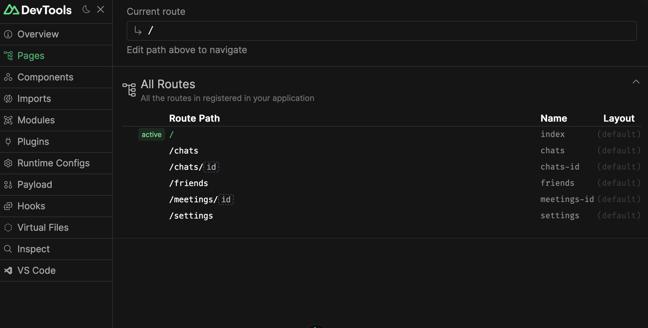 Nuxt devtools pages screen