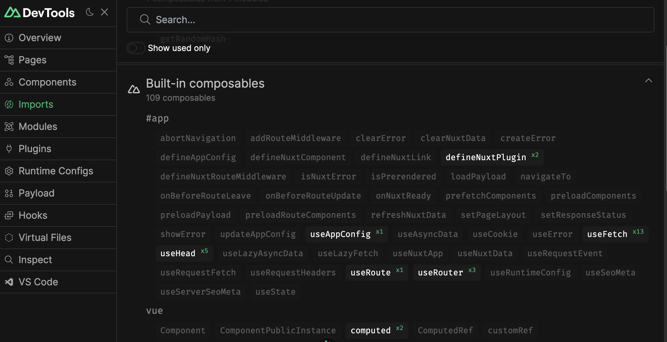 Nuxt devtools imports screen