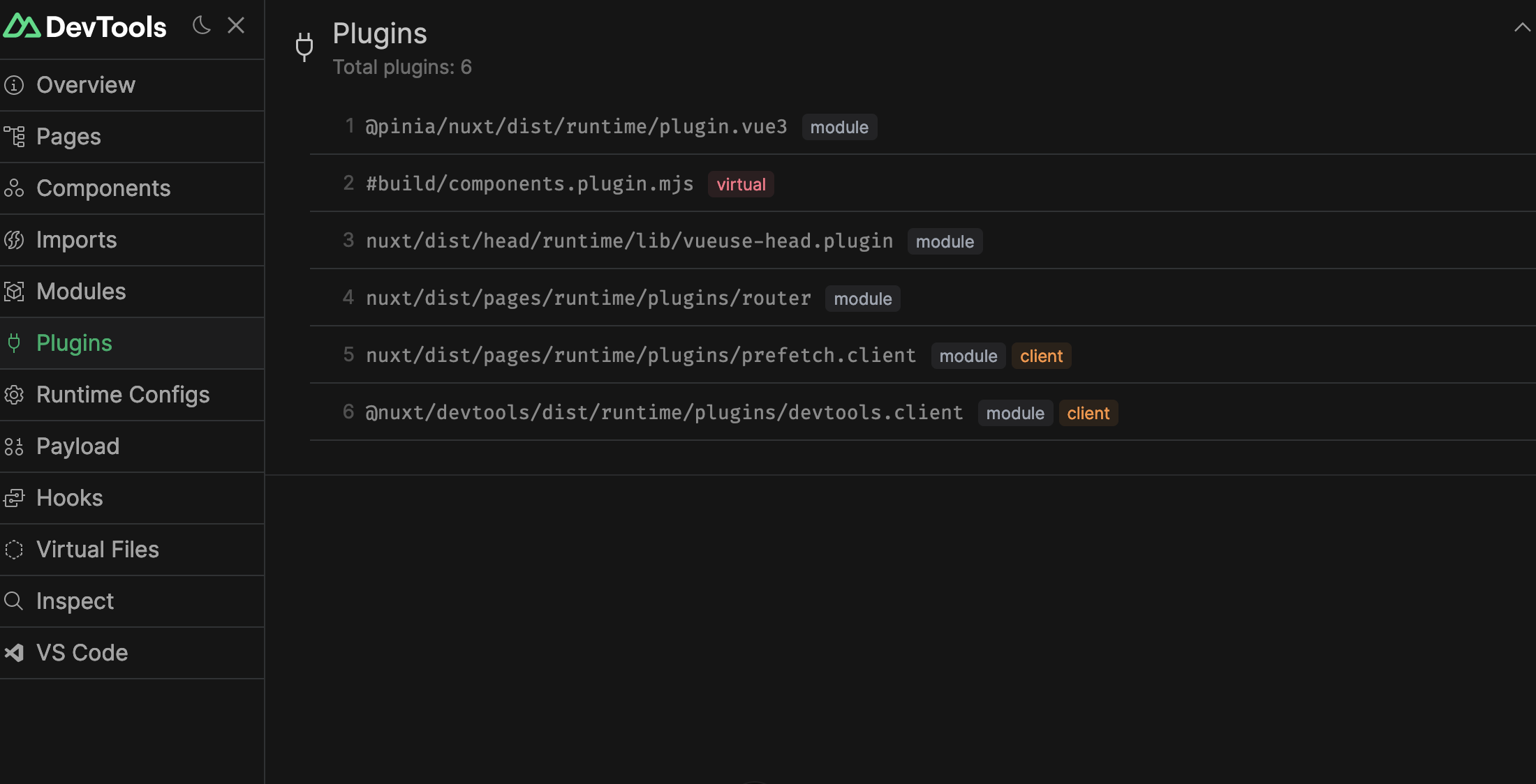 Nuxt devtools plugins screen