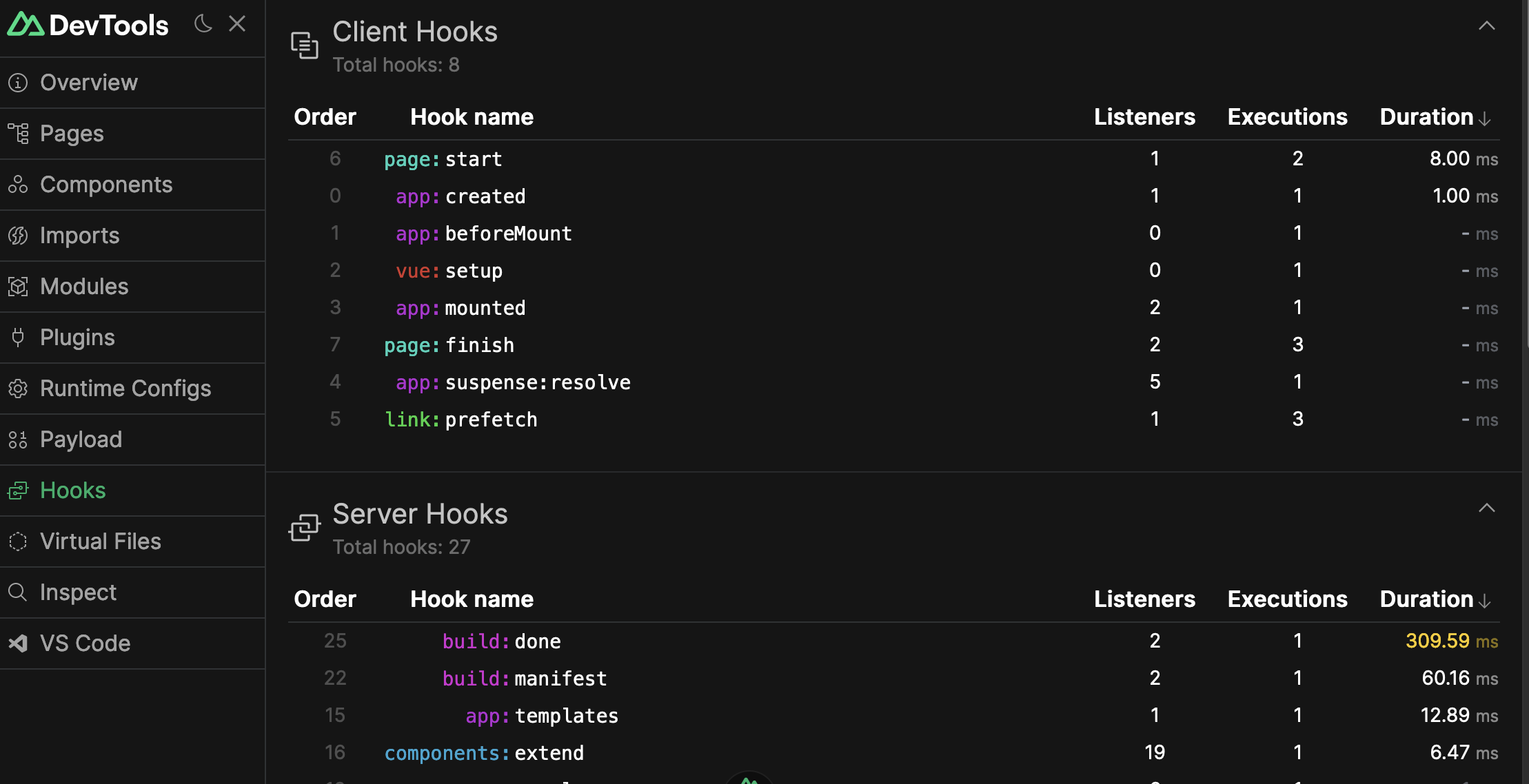 Nuxt devtools hooks screen